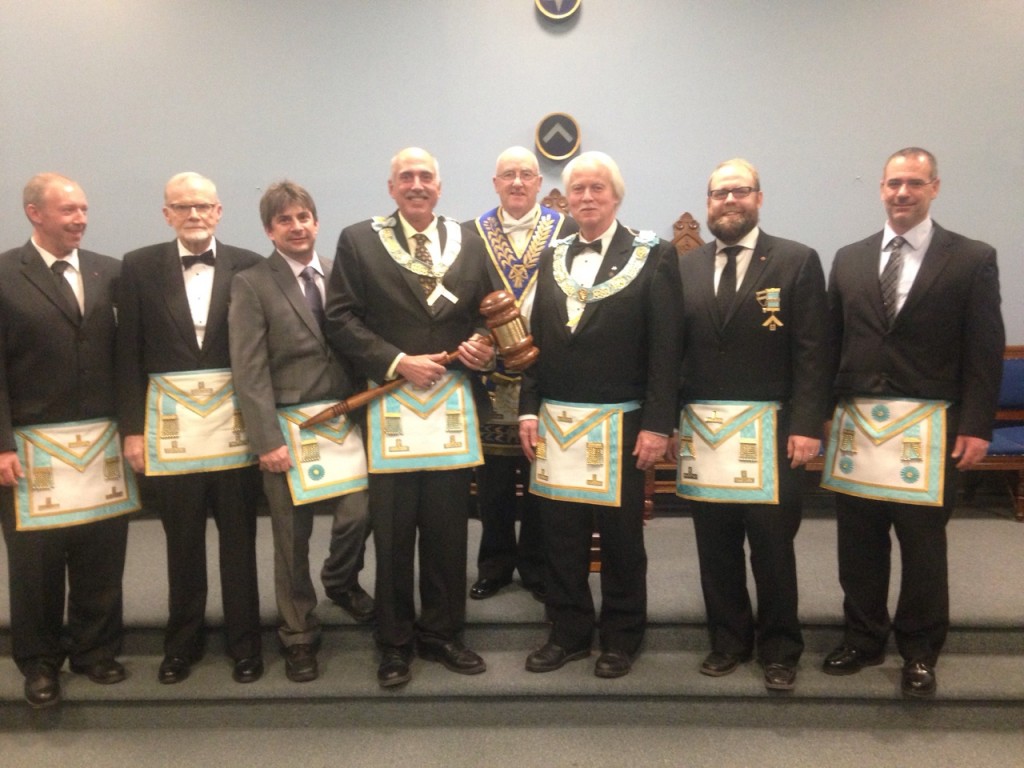 Worshipful Master Benjamin Webster along with five Brethren from Dyment Lodge # 442 receive the Travelling Gavel from his longtime friend and the New Worshipful Master Harvey Benford from Algoma Lodge # 469 on the evening of Monday Feb 8, 2016.