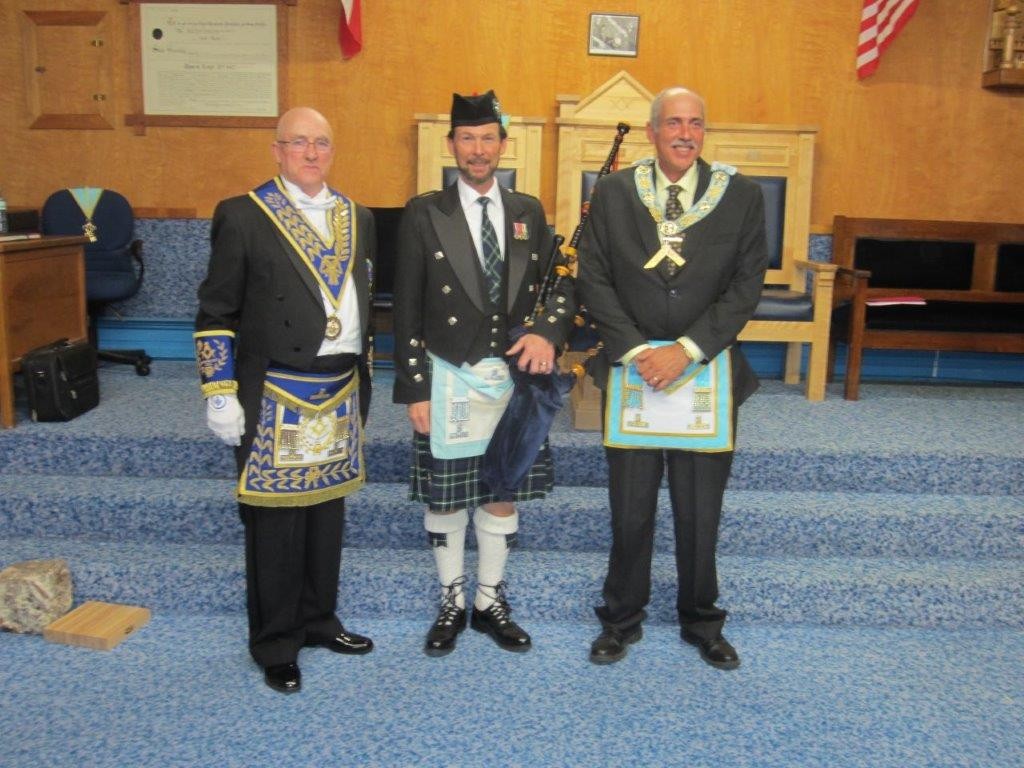 Dyment Lodge DDGM Official Visit Dec 10th, 2015. R.W. Bro. John Henry Lewis, W. Bro. Cliff Graham and W. Bro. Ben Webster (Worshipful Master of Dyment Lodge Thessalon).
