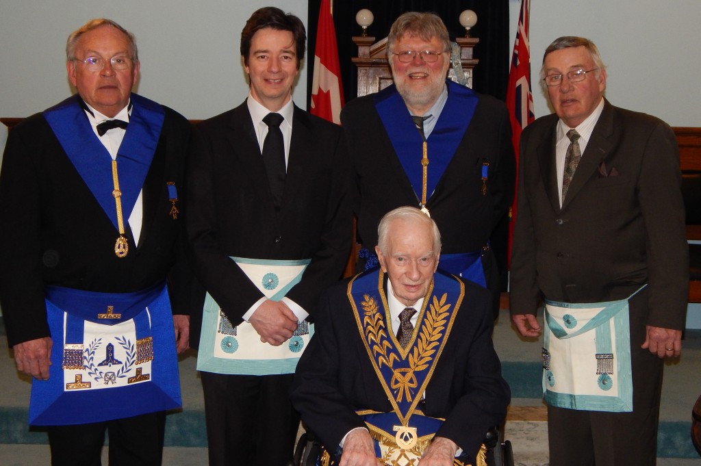 Front & Centre R.W. Bro. Arthur Broomhead Left to Right: R.W. Bro. Frank Broomhead, Bro. John Arthur Broomhead (Raised to the Sublime Degree of a Master Mason), R.W. Bro. Jamie Broomhead and Bro. Ross Broomhead 